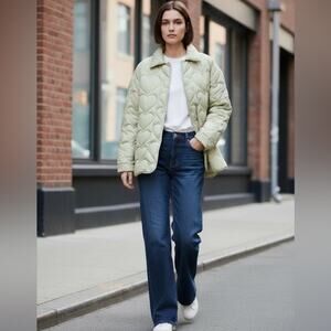 SANDRO Light Sage Gloriana Heart Quilted Puffer Button Up Jacket sz 36 FLAWED